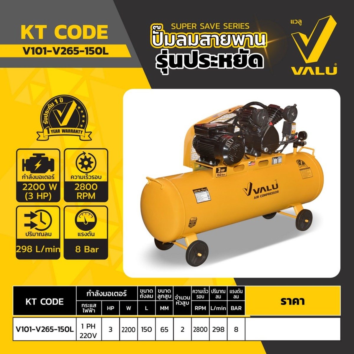 VALU ปั๊มลมสายพาน 2 หัว มอเตอร์ 3 แรงม้า (2200 วัตต์) ถัง 150 ลิตร รุ่น 265-150 ไฟ 1 เฟส ความเร็วรอบ 2800 รอบ/นาที แรงดันลม 8 บาร์ ปริมาณลม 