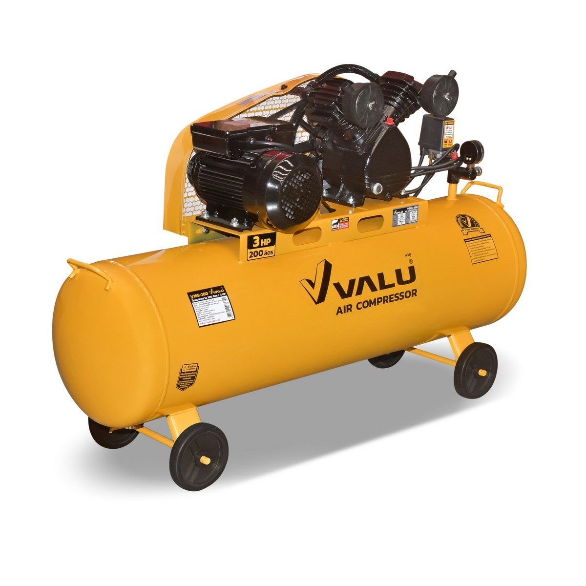 VALU ปั๊มลมสายพาน 2 หัว รุ่น 265-200 มอเตอร์ 3 แรงม้า (2200 วัตต์) ถัง 200 ลิตร ไฟ 1 เฟส ความเร็วรอบ 2,800 รอบ/นาที แรงดันลม 8 บาร์ ปริมาณลม