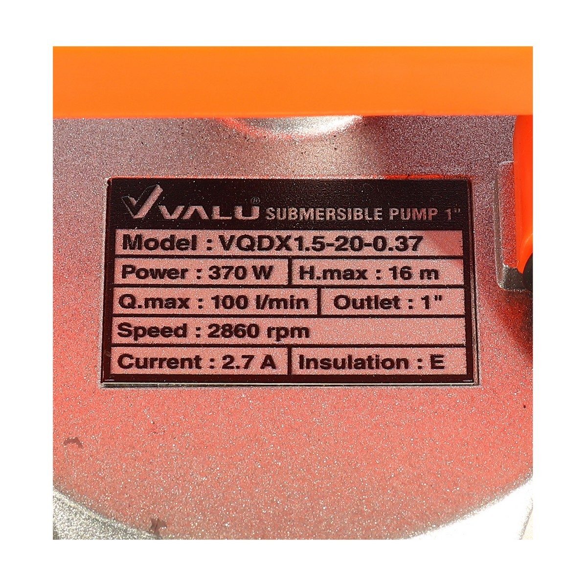 VALU ปั๊มแช่อลูมิเนียม 370 วัตต์ 220 โวลต์ ท่อ 1 นิ้ว รุ่น VQDX1.5-20-0.37 ส่งสูง 16 เมตร ปริมาณน้ำ 100 ลิตร/นาที สายไฟยาว 8 เมตร (แวลู)
