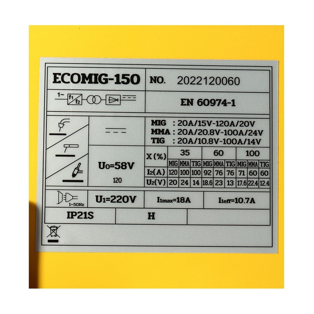 VALU เครื่องเชื่อม MIG รุ่น ECOMIG150 กำลังไฟเข้า 3.96 กิโลวัตต์ แรงดันไฟ 220 โวลต์ ระดับป้องกัน IP21S ใช้กับลวดเชื่อม MIG ขนาด 1 และ 5 กก. 