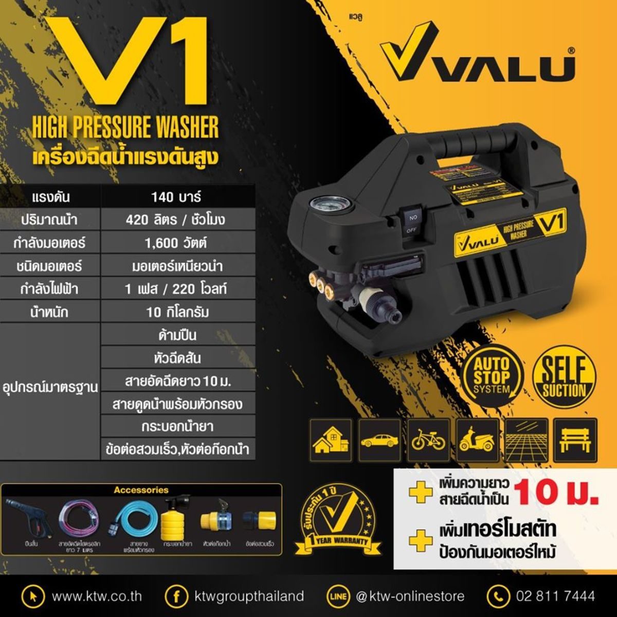 เครื่องฉีดน้ำแรงดันสูง แวลู (VALU) รุ่น V1+ แรงดัน 140 บาร์ มอเตอร์เหนี่ยวนำ 1600 วัตต์ มีระบบ Thermostat ป้องกันมอเตอร์ไหม้ ปริมาณน้ำ 420 ล