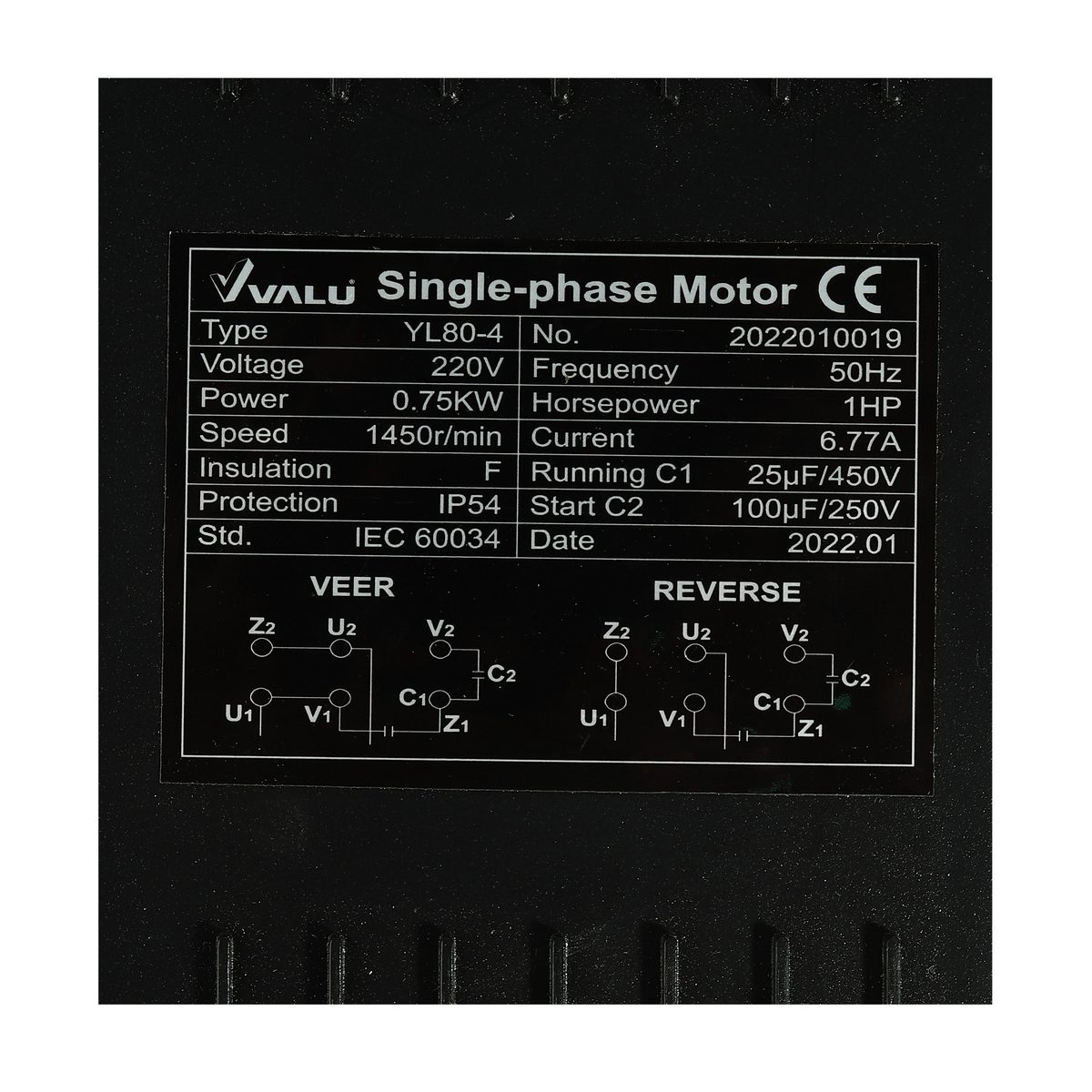 VALU (แวลู) มอเตอร์ รุ่น YL80-4 กำลังมอเตอร์ 1 แรงม้า (0.75 กิโลวัตต์) ไฟ 1 เฟส 220 โวลต์ 2 สาย 4 โพล IP54 ความเร็วรอบ 1450 รอบ/นาที