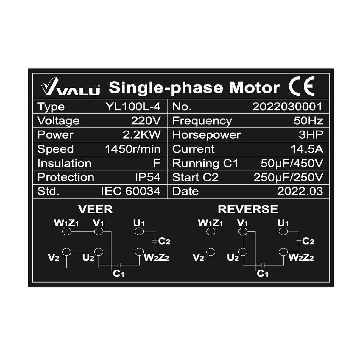 VALU (แวลู) มอเตอร์ รุ่น YL100L-4 กำลังมอเตอร์ 3 แรงม้า (2.2 กิโลวัตต์) ไฟ 1 เฟส 220 โวลต์ 2 สาย 4 โพล IP54 ความเร็วรอบ 1450 รอบ/นาที