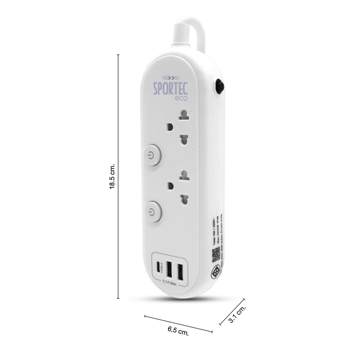 VEXXO ปลั๊กรางไฟ 2 ช่อง 2 สวิตซ์ ยาว 3 เมตร 2 USB 1 TYPE-C 2.1A MAX รุ่น F5STB-ECR1-2231 รองรับไฟ 2300 วัตต์ 10 แอมป์ สายไฟ 3x0.75 sq.mm. มอ