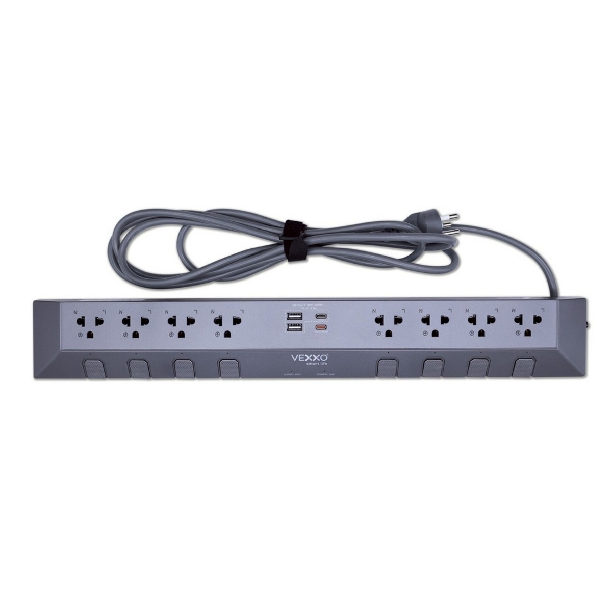VEXXO F5ST3-DO02-8831 ปลั๊กรางไฟสตูดิโอ (สีเทา) 8 ช่อง 8 สวิตซ์ 2 USB + 1 TYPE-C + 1 TYPE-C (PD 20W FASTCHARGE) ยาว 3 เมตร 3 x 1.5 sq.mm. 16