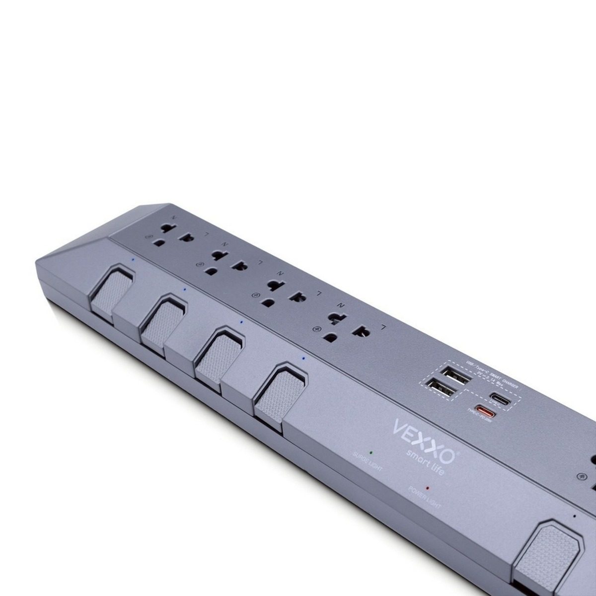 VEXXO F5ST3-DO02-8831 ปลั๊กรางไฟสตูดิโอ (สีเทา) 8 ช่อง 8 สวิตซ์ 2 USB + 1 TYPE-C + 1 TYPE-C (PD 20W FASTCHARGE) ยาว 3 เมตร 3 x 1.5 sq.mm. 16