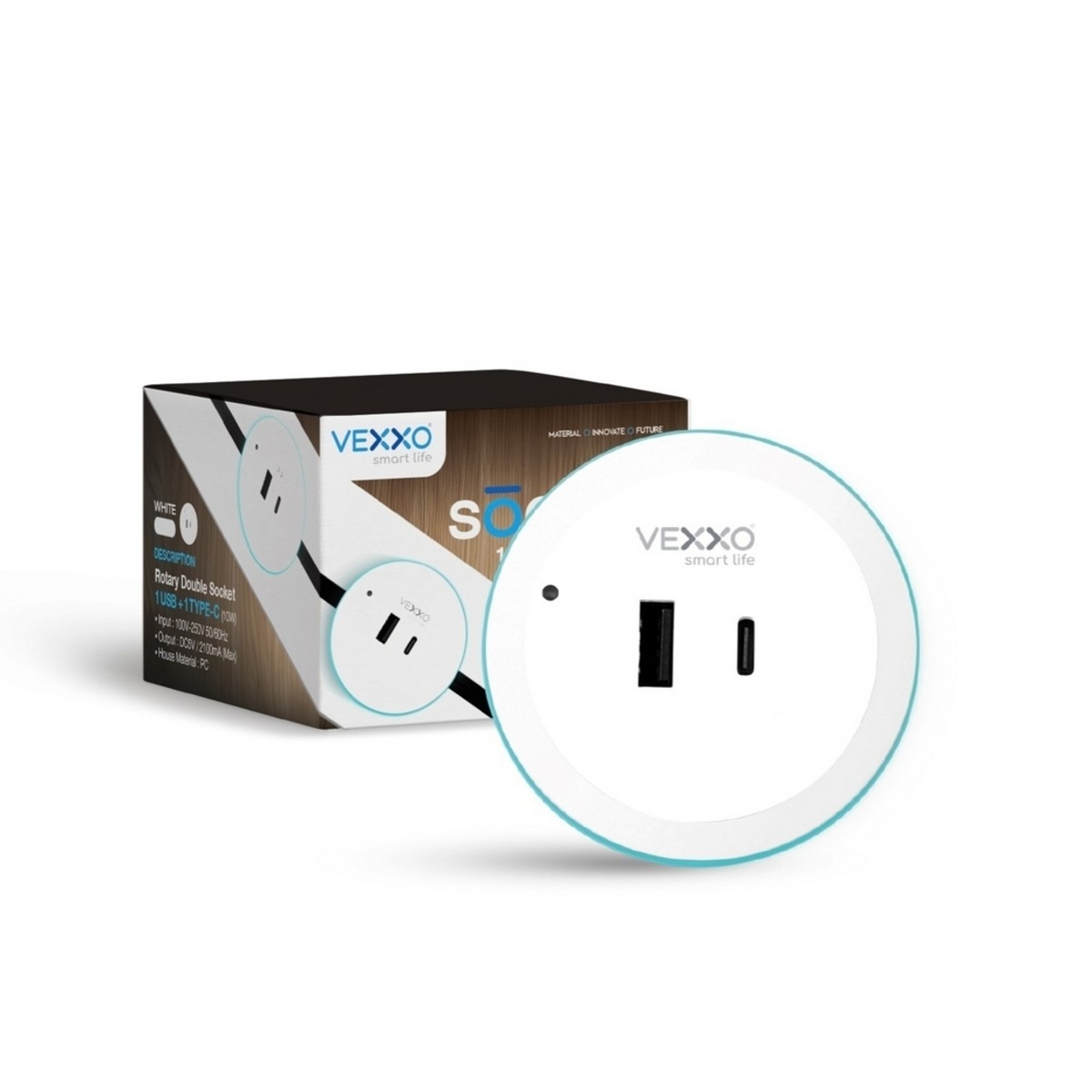 VEXXO เต้ารับไร้สาย USB TYPE A+C รุ่น APB-0020 10 วัตต์ สีขาว รองรับไฟฟ้าสูงสุด 15 แอมป์ กำลังไฟฟ้า 250 โวลต์ พร้อมไฟแสดงสถานะการใช้งาน รับป