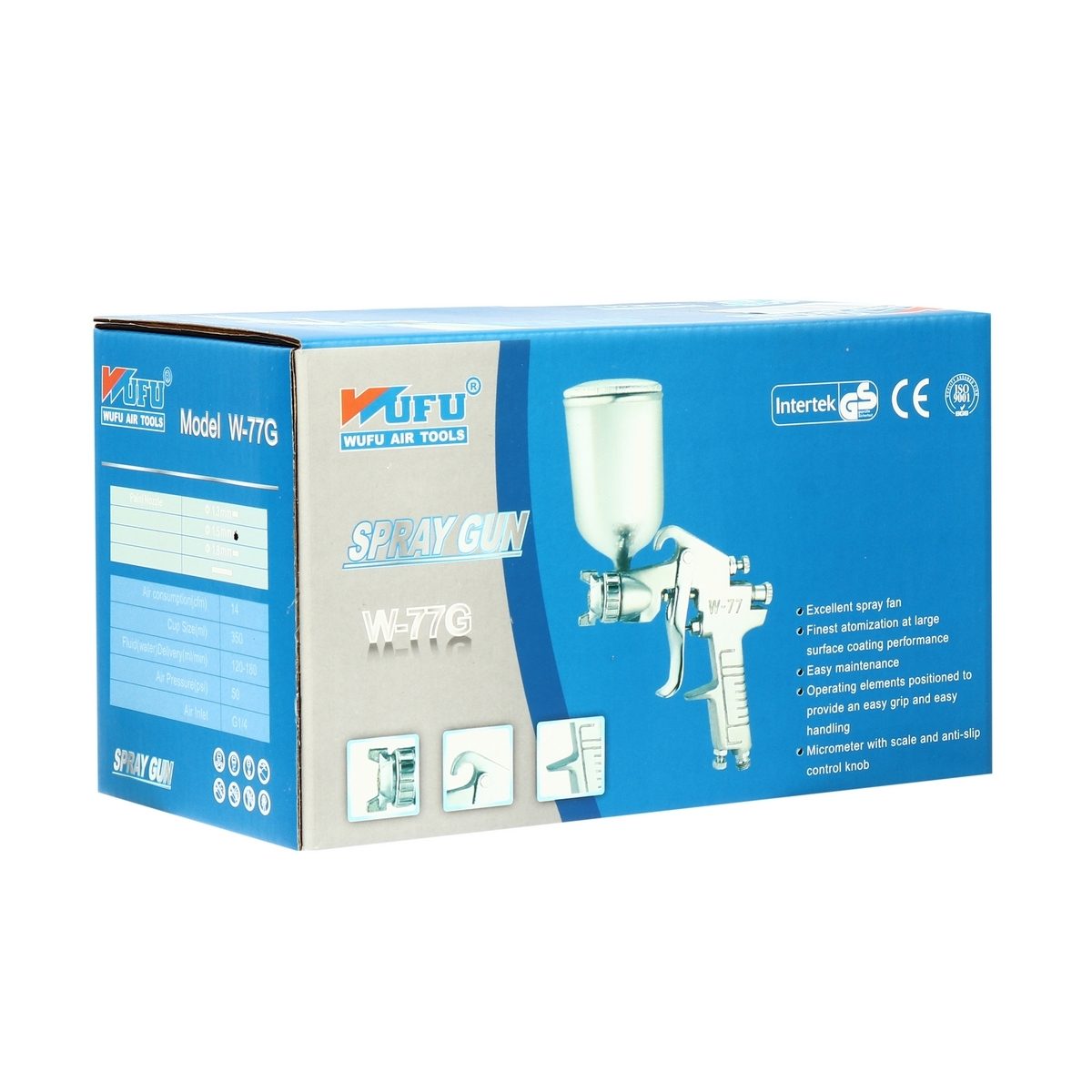 WUFU กาพ่นสี กาบน+กระป๋อง รุ่น W-77G ขนาดหัวฉีด 1.5 มม. ความจุถ้วยสี 350 มล. ปริมาณสี 160-250 มล./นาที แรงดันใช้งาน 50 PSI สายลม 1/4 นิ้ว ละ