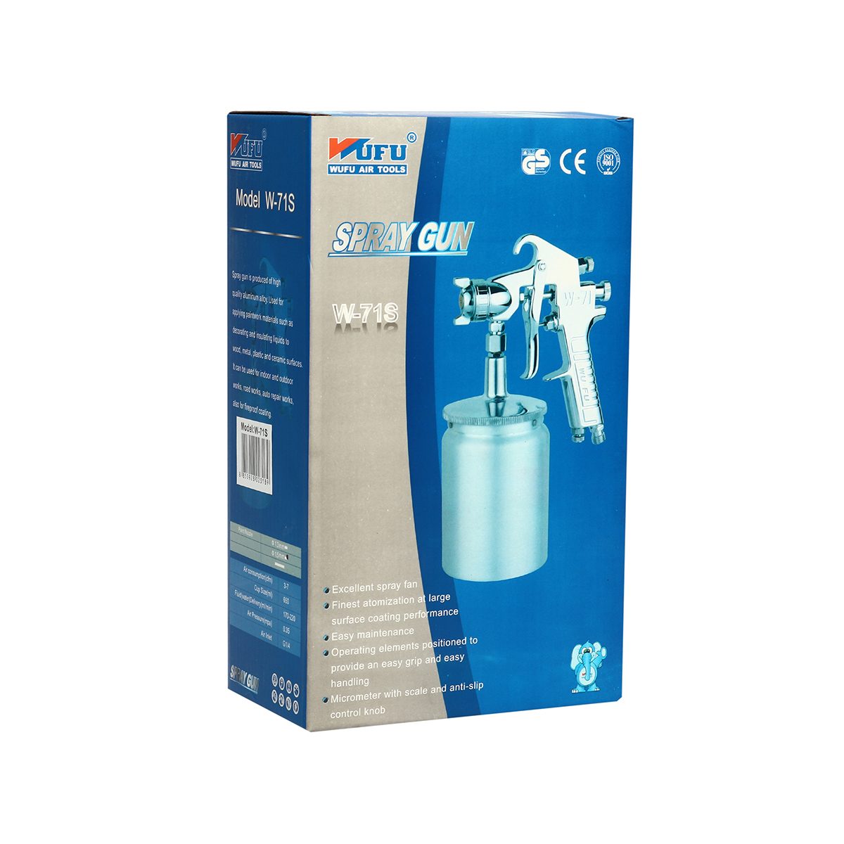 WUFU กาพ่นสี กาล่าง รุ่น W-71S ขนาดหัวฉีด 1.5 มม. ความจุถ้วยสี 650 มล. ปริมาณสี 130-210 มล./นาที แรงดันใช้งาน 50 PSI สายลม 1/4 นิ้ว ละอองฝอย
