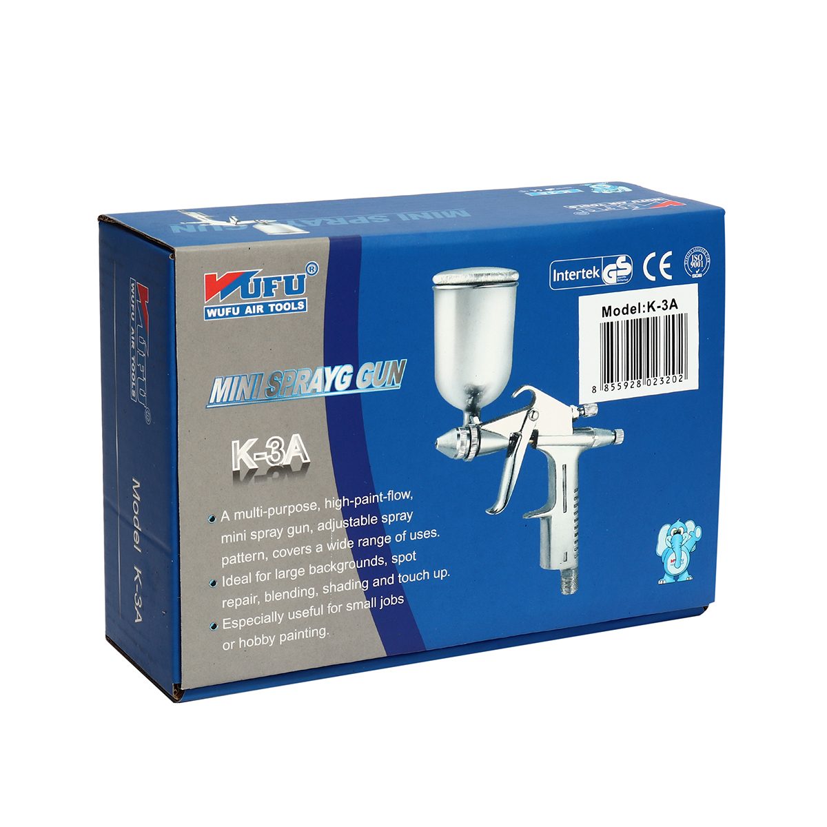 WUFU กาพ่นสี กาบน รุ่น K-3A ขนาดหัวฉีด 0.5 มม. ความจุถ้วยสี 100 มล. ปริมาณสี 40-80 มล./นาที แรงดันใช้งาน 50 PSI สายลม 1/4 นิ้ว ละอองฝอย สเปร