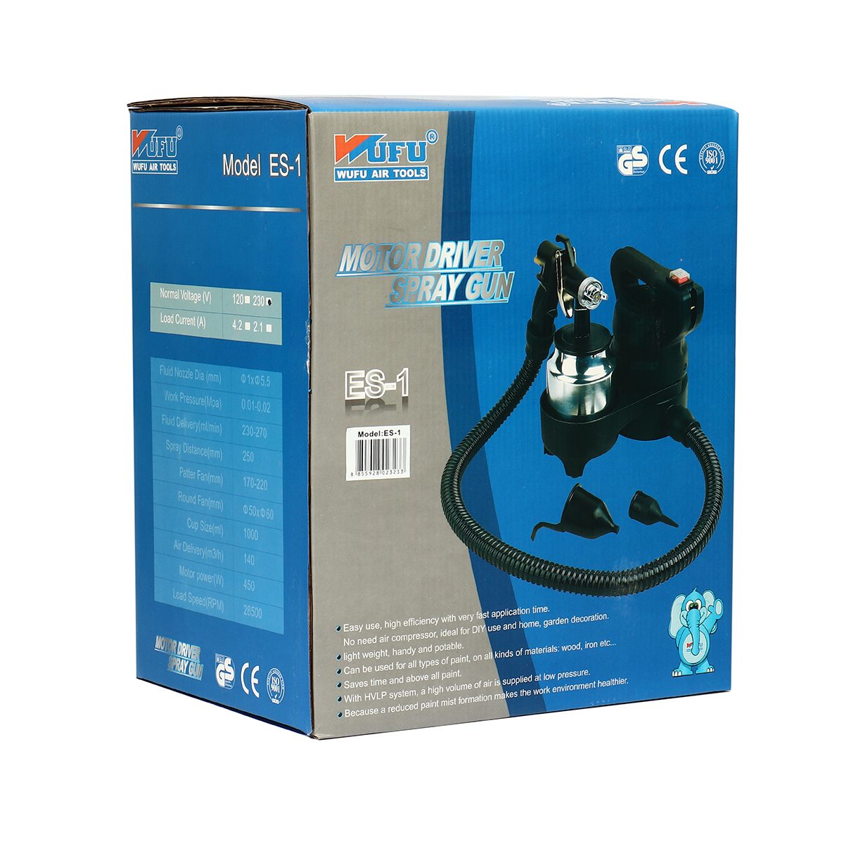 WUFU กาพ่นสีไฟฟ้า 450 วัตต์ รุ่น ES-1 ขนาดหัวฉีด 1.0 มม. ความจุถ้วยสี 1000 มล. ปริมาณสี 230-270 มล./นาที แรงดันใช้งาน 0.1 - 0.2 บาร์ เหมาะสำ