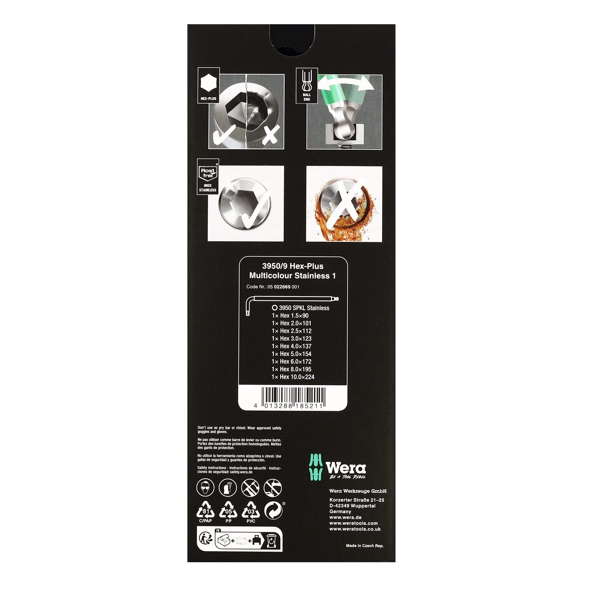 WERA ชุดประแจหกเหลี่ยมหลากสี 3950/9 Hex-Plus Stainless รหัส 05022669001 (เวร่า)