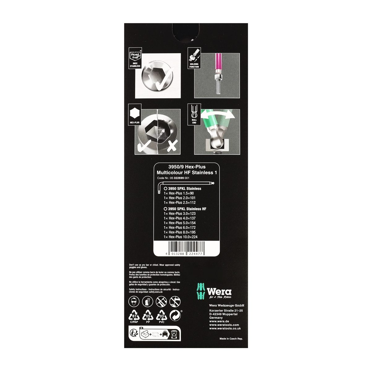 WERA ชุดประแจหกเหลี่ยม 3950/9 Hex-Plus Multicolour HF Stainless 1 ลูกปืน รหัส 05022699001 (เวร่า)