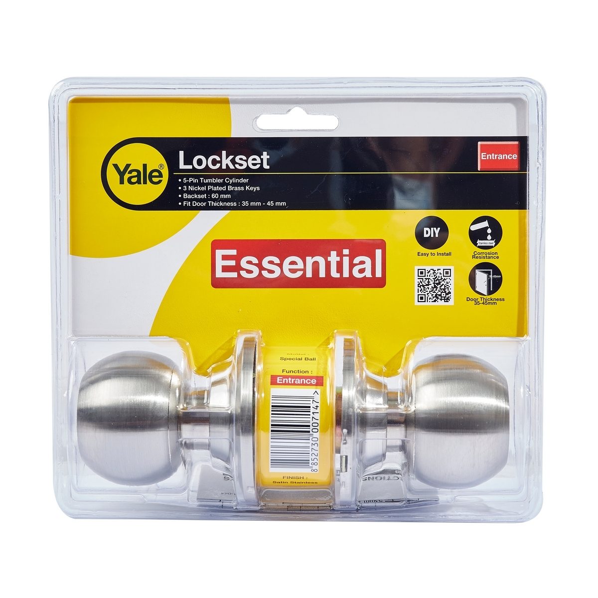 ลูกบิดประตูห้องทั่วไป หัวกลม จานเล็ก 5140 Series Essemtial เยล (YALE) รุ่น EKN-VCA5147US32D สีสเตนเลส มาพร้อมกับดอกกุญแจทองเหลือง 3 ดอก