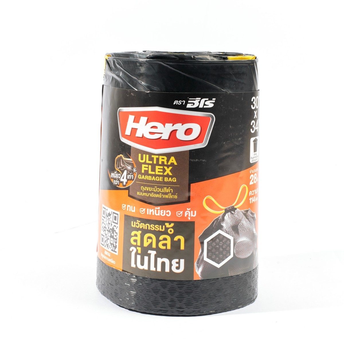 HERO ถุงขยะม้วนหนาพร้อมหูรูด ขนาด 30 X 34 นิ้ว สีดำ รุ่น ULTRA FLEX หนา 31 ไมครอน บรรจุ 28 ใบ / ม้วน เหนียวกว่าถุงมาตรฐานถึง 4 เท่า (ฮีโร่)