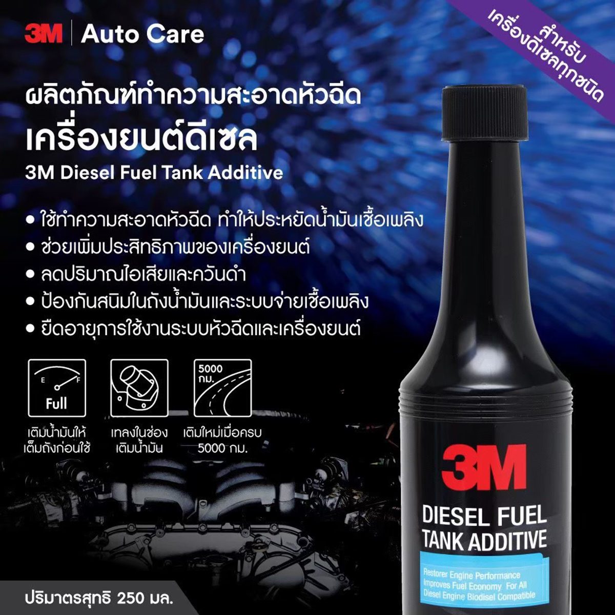 ผลิตภัณฑ์ทำความสะอาดระบบจ่ายน้ำมันดีเซล 3M รุ่น PN8815L ขนาด 250 มล. สูตรเข้มข้นพิเศษ ป้องกันสนิมในถังน้ำมันและอุปกรณ์ในระบบจ่ายเชื้อเพลิง ค