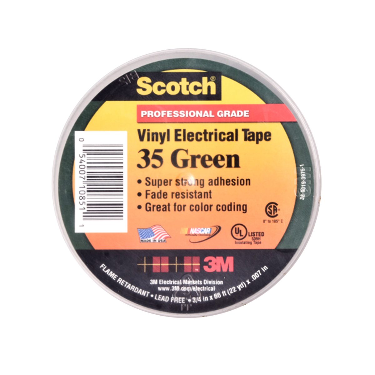 3M เทปพันสายไฟไวนิล SCOTCH 35 สีเขียว กว้าง 3/4 นิ้ว ยาว 66 ฟุต หนา 0.007 นิ้ว ทนแรงดันไฟฟ้าได้ 600 โวลต์ (1 ม้วน)