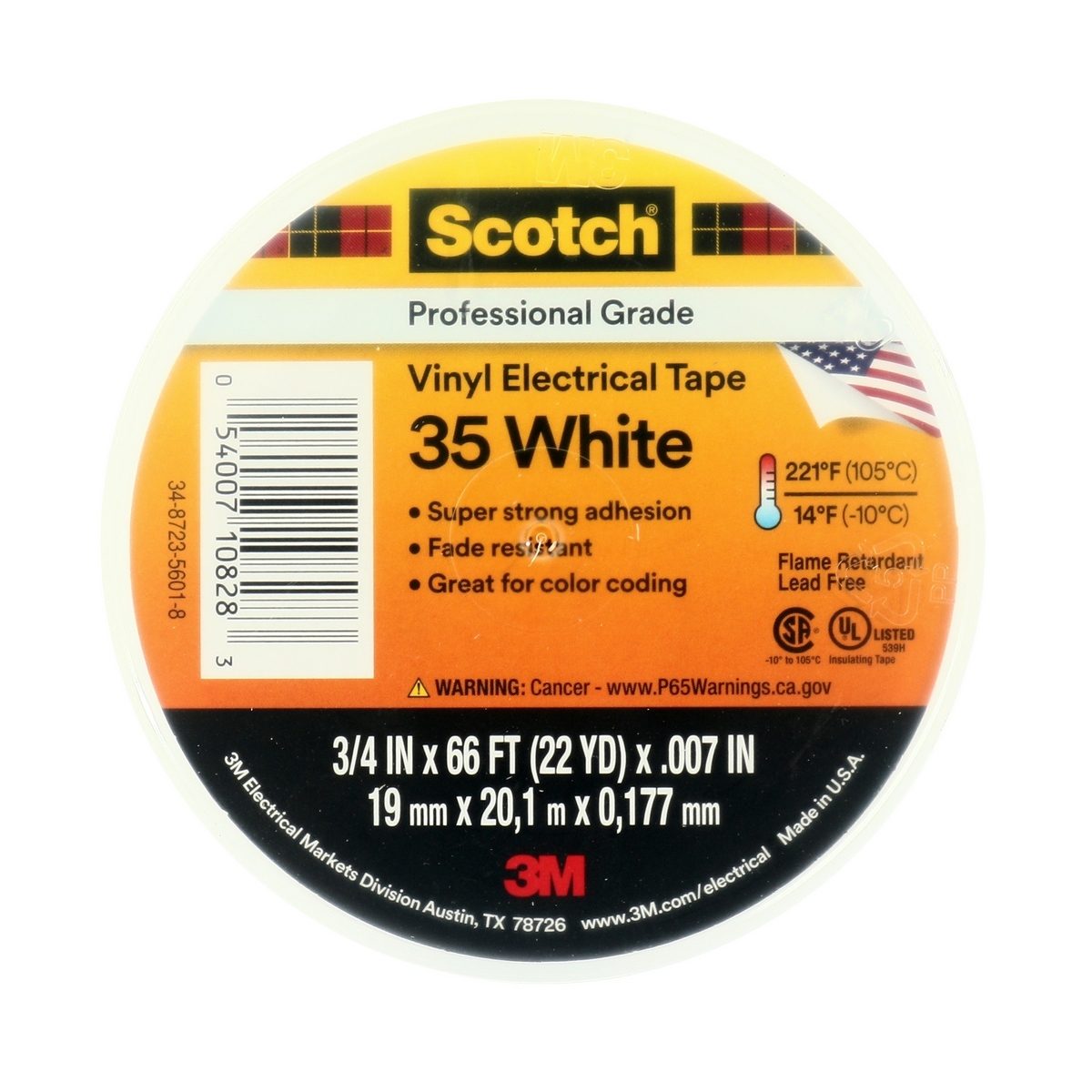 3M เทปพันสายไฟไวนิล SCOTCH 35 สีขาว กว้าง 3/4 นิ้ว ยาว 66 ฟุต หนา 0.007 นิ้ว ทนแรงดันไฟฟ้าได้ 600 โวลต์ (1 ม้วน)