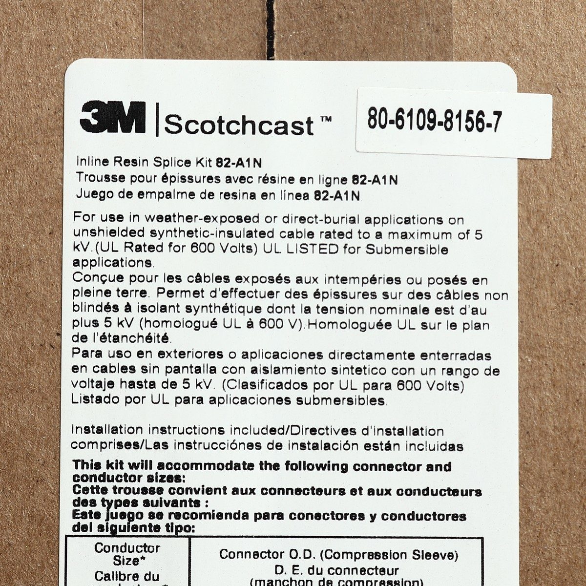 3M Scotchcast ชุดต่อสายเคเบิ้ลชนิดเรซิ่น รุ่น 82-A1 เหมาะกับสายไฟฟ้าไม่เกิน 1 KV สามารถฝังดิน กันน้ำเข้าได้ดี (3 เอ็ม)
