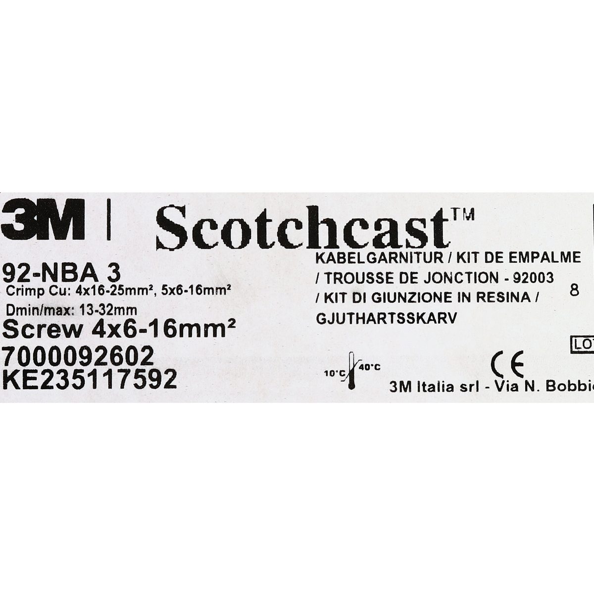 3M Scotchcast ชุดต่อสายเคเบิ้ลชนิดเรซิ่น รุ่น 92-NBA3 สามารถฝังดิน เหมาะกับสายไฟฟ้าไม่เกิน 1 kV กันน้ำเข้าได้ดี จ่ายกระแสไฟได้ภายใน 30 นาทีห