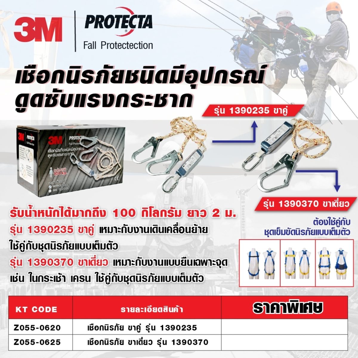 เชือกนิรภัย (Lanyard) รุ่น Protecta First ชื่อรุ่น 1390370 3M เป็นเชือกนิรภัยแบบขาเดี่ยว เหมาะสำหรับใช้ทำงานแบบยืนเฉพาะจุด ไม่มีเคลื่อนย้าย 