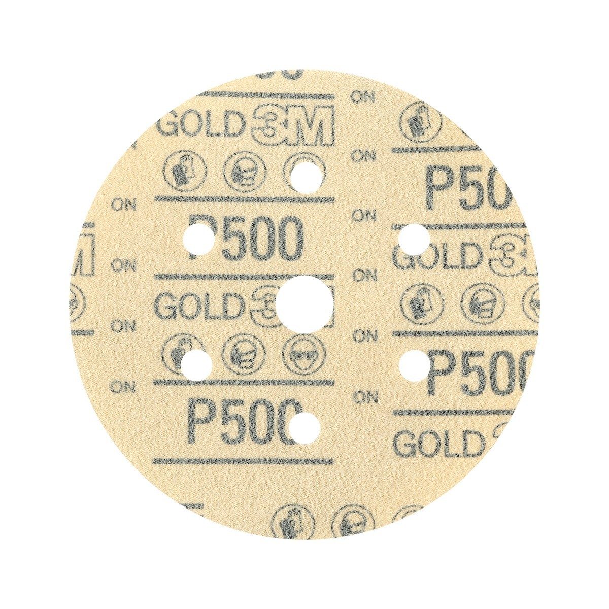 3M กระดาษทรายกลม Hookit Gold ขนาด 6 นิ้ว P500 มี 7 รู รุ่น 216U มีรูกลาง ใช้สำหรับแป้นขัด 6 นิ้ว หลังแบบสักหลาด 100 ชิ้น/กล่อง (3เอ็ม)