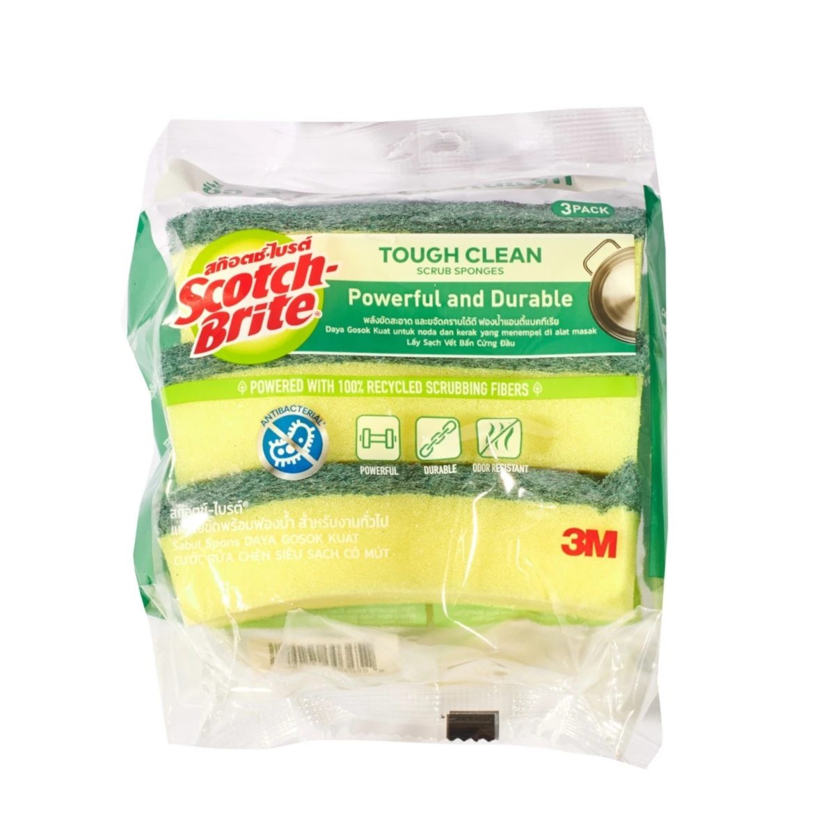 3M แผ่นใยขัด+ฟองน้ำ (สีเขียว) 2IN1 รุ่น ANTI-BAC ผสมสาร Zink Complex ที่ไม่เป็นอันตรายต่อมนุษย์ ช่วยยับยั้งแบคทีเรีย เหมาะสำหรับงานขัดล้างทั