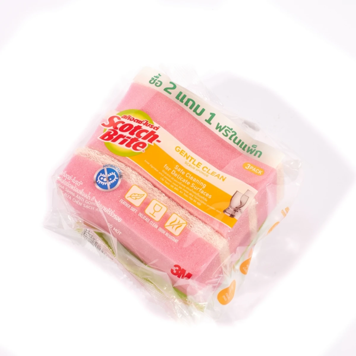 3M แผ่นใยขัด+ฟองน้ำ (สีชมพู) 2IN1 รุ่น ANTI-BAC ผสมสาร Zink Complex ที่ไม่เป็นอันตรายต่อมนุษย์ ช่วยยับยั้งเชื้อแบคทีเรีย สำหรับงานไร้ริ้วรอย