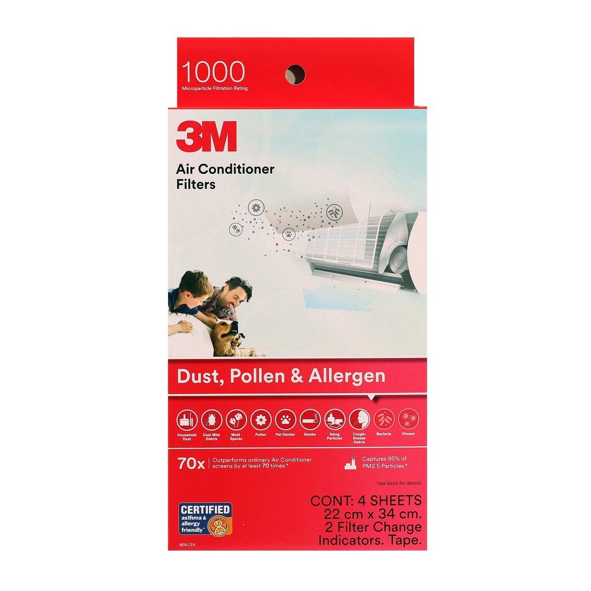 3M แผ่นดักจับฝุ่น PM2.5  ในอากาศ 340X220 มม. (ชนิดแผ่น) รุ่น 9808 ดักจับไรฝุ่น ละอองเกสรดอกไม้ และสารก่อภูมิแพ้ มีประสิทธิภาพการกรองมากกว่าแ