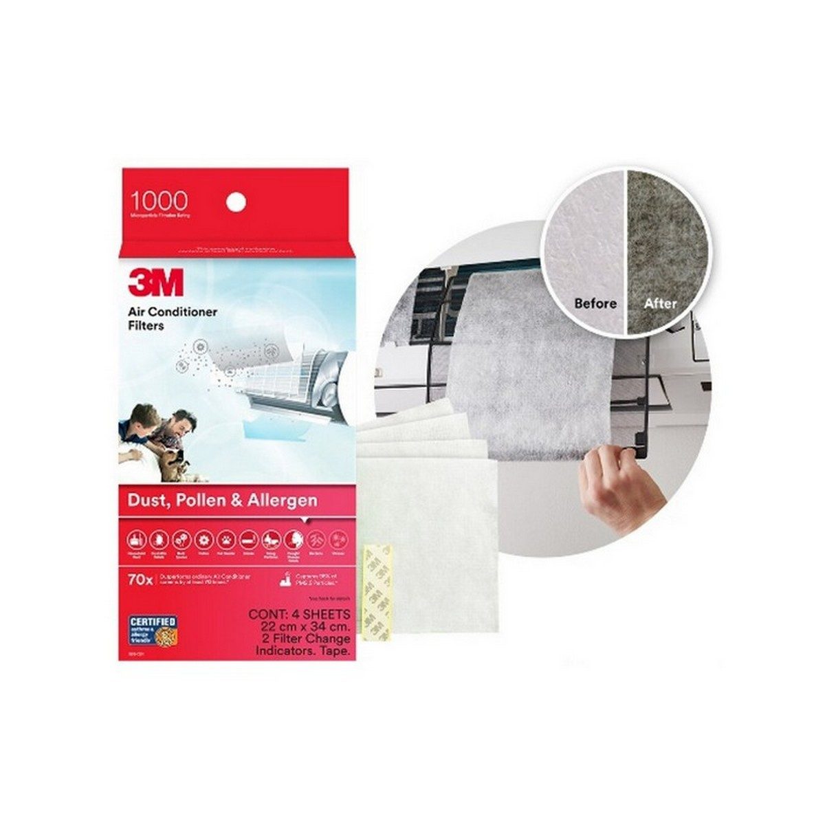 3M แผ่นดักจับฝุ่น PM2.5  ในอากาศ 340X220 มม. (ชนิดแผ่น) รุ่น 9808 ดักจับไรฝุ่น ละอองเกสรดอกไม้ และสารก่อภูมิแพ้ มีประสิทธิภาพการกรองมากกว่าแ