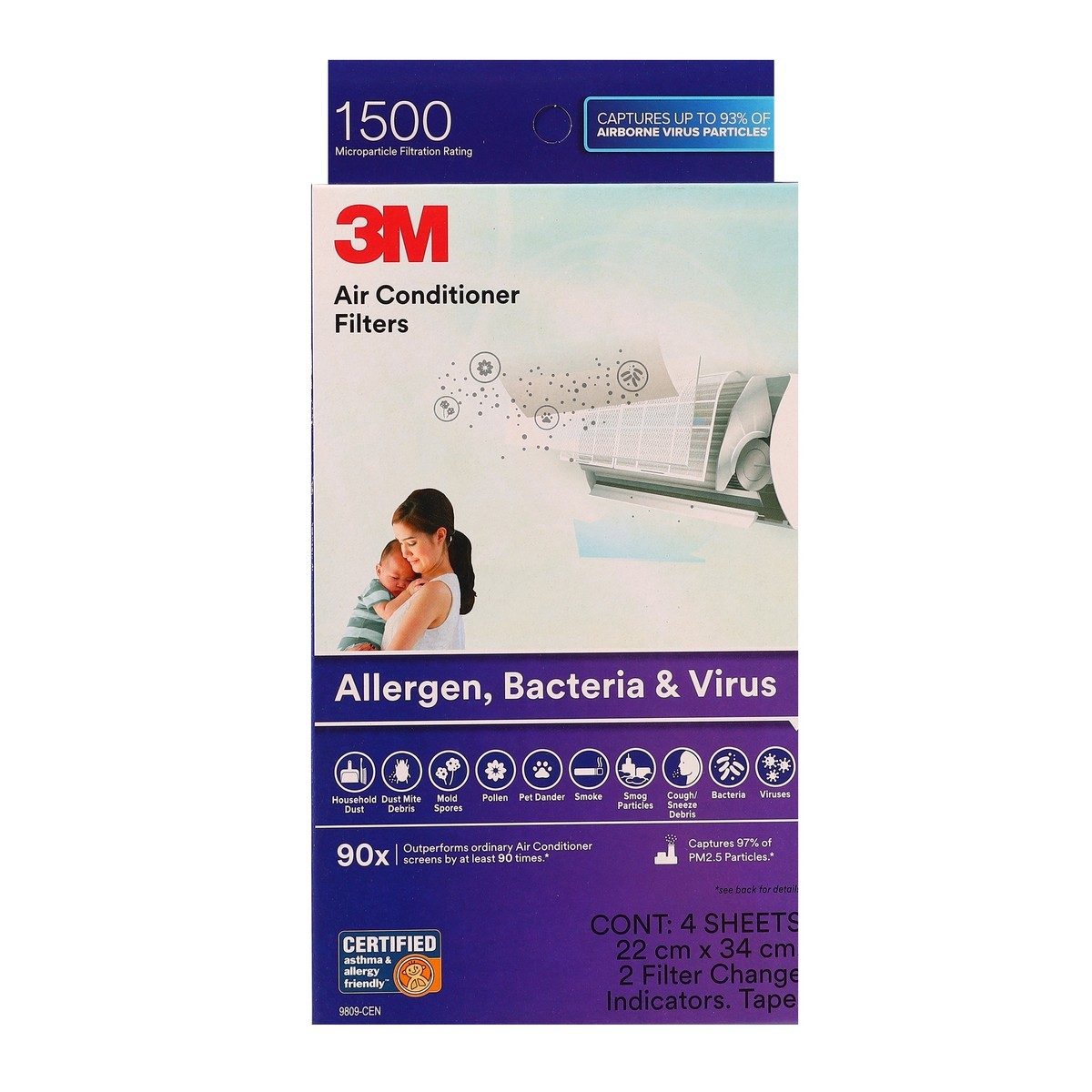 3M แผ่นดักจับฝุ่น PM2.5 ในอากาศ 340 X 220 มม. (ชนิดแผ่น) รุ่น 9809 ดักจับไรฝุ่น สารก่อภูมิแพ้ และแบคทีเรีย มีประสิทธิภาพการกรองมากกว่าแผ่นกร