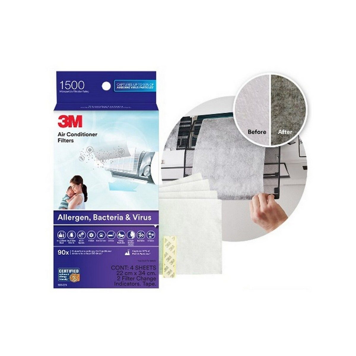 3M แผ่นดักจับฝุ่น PM2.5 ในอากาศ 340 X 220 มม. (ชนิดแผ่น) รุ่น 9809 ดักจับไรฝุ่น สารก่อภูมิแพ้ และแบคทีเรีย มีประสิทธิภาพการกรองมากกว่าแผ่นกร